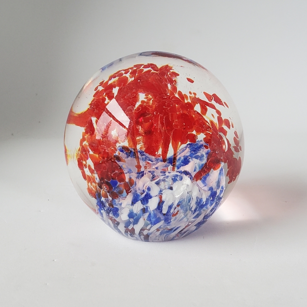 Fire And Ice Red Blue White Globe Art Glass Paperweight